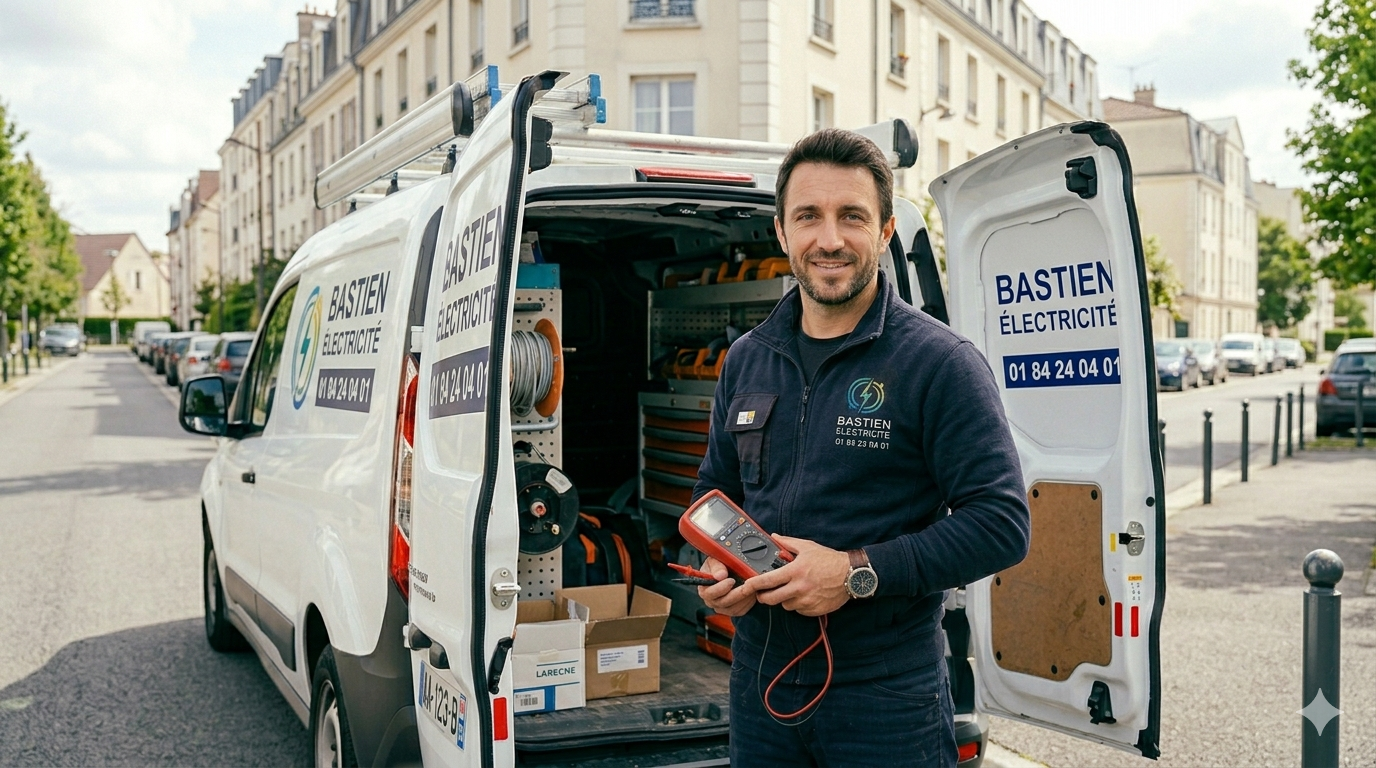 Bastien, électricien artisan à Franconville, devant son véhicule d'intervention dans le Val-d'Oise